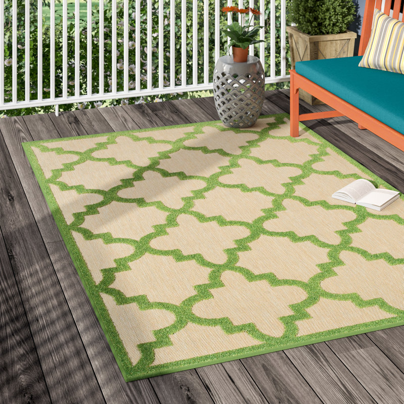 Sol 72 Outdoor™ Laub Geometric Sand/Green Indoor / Outdoor Use Area Rug